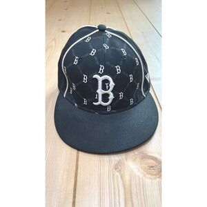 New Era 59FIFTY Boston Red Sox Fitted Hat 6 7/8 Black Monogram Print MLB Cap